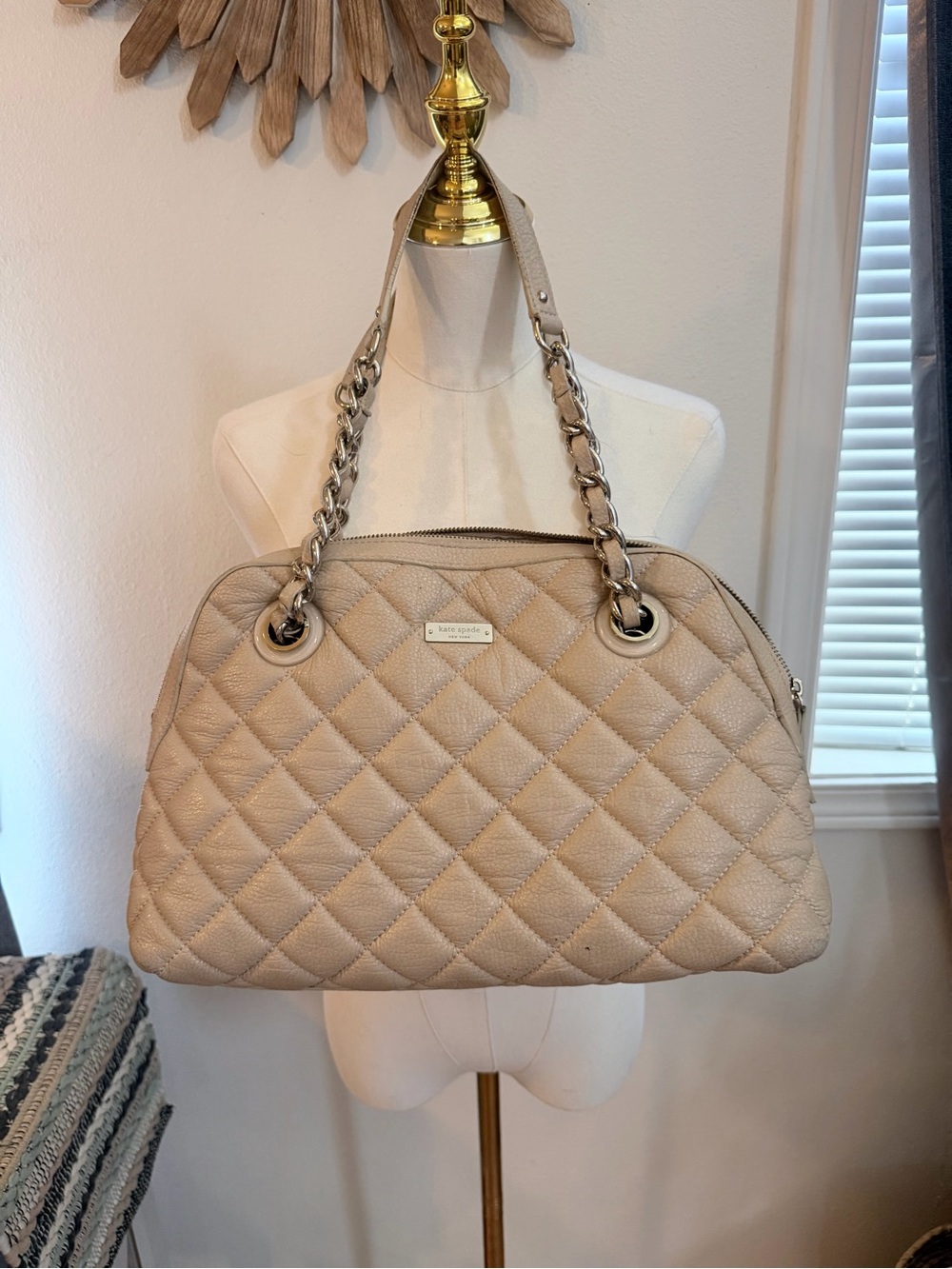 Kate Spade New York Quilted Leather Chain Shoulder Bag Beige